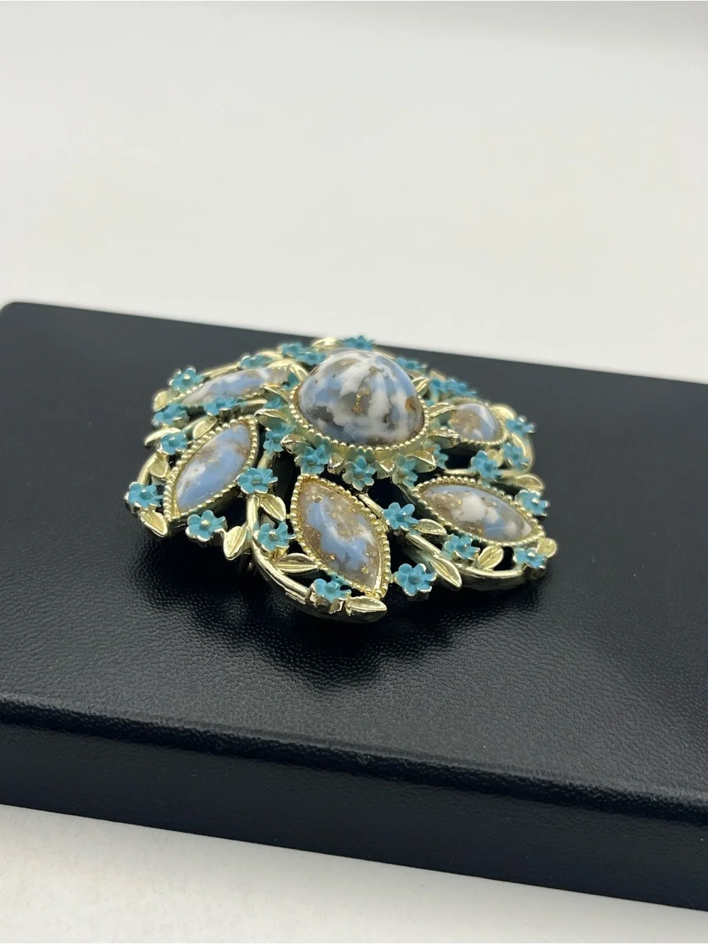 Blue faux stone cabochon painted enamel flower gold tone brooch pin vintage
